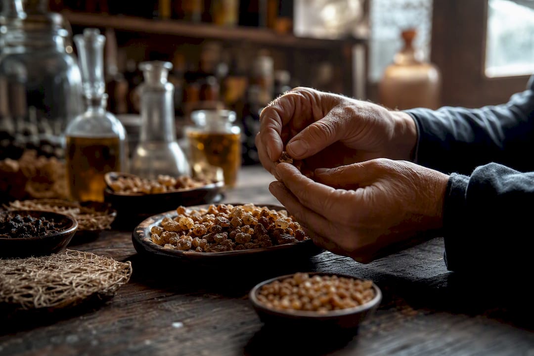 Mains manipulant de la résine naturelle en parfumerie