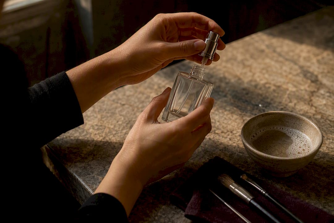 Hands disassembling perfume pump nozzle