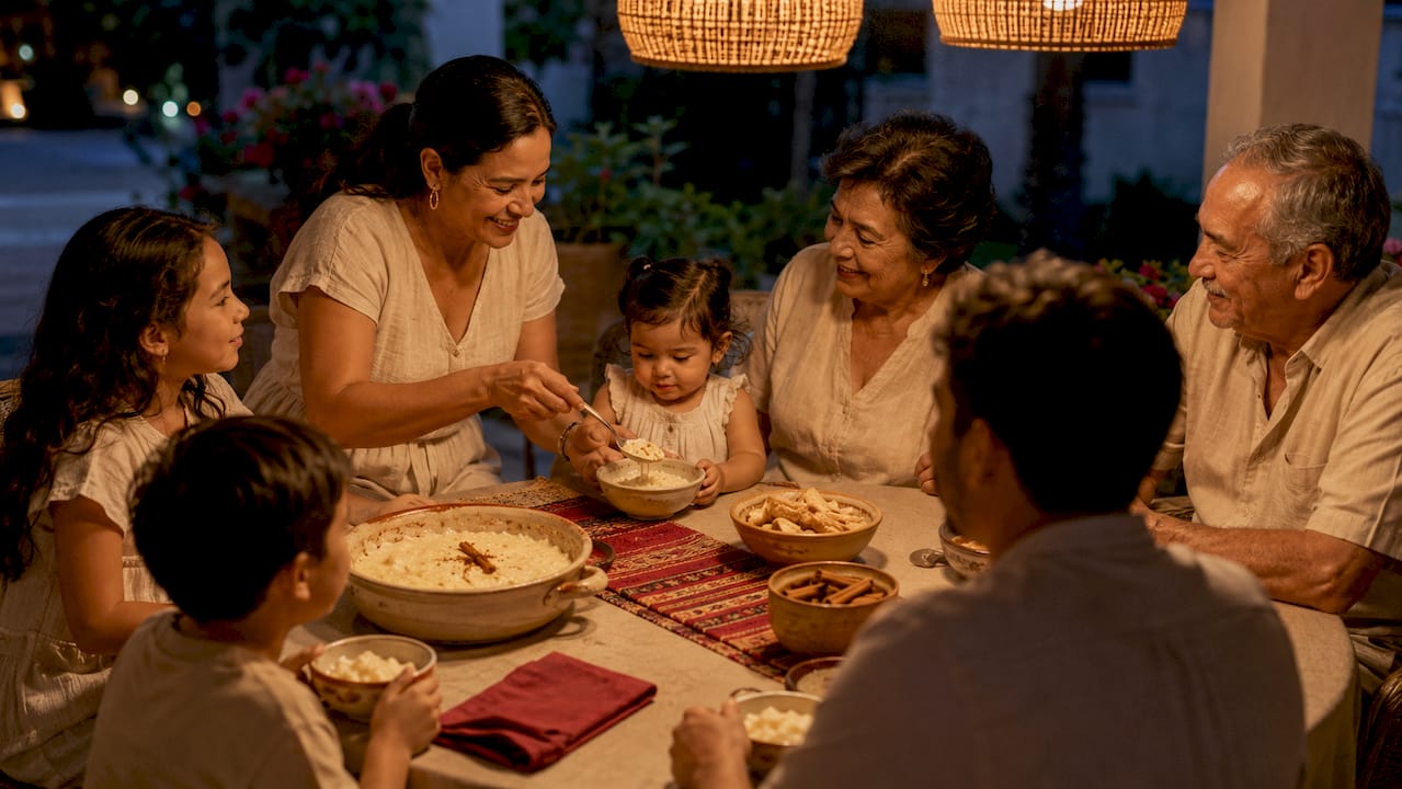 Family serving a small traditional dessert portion