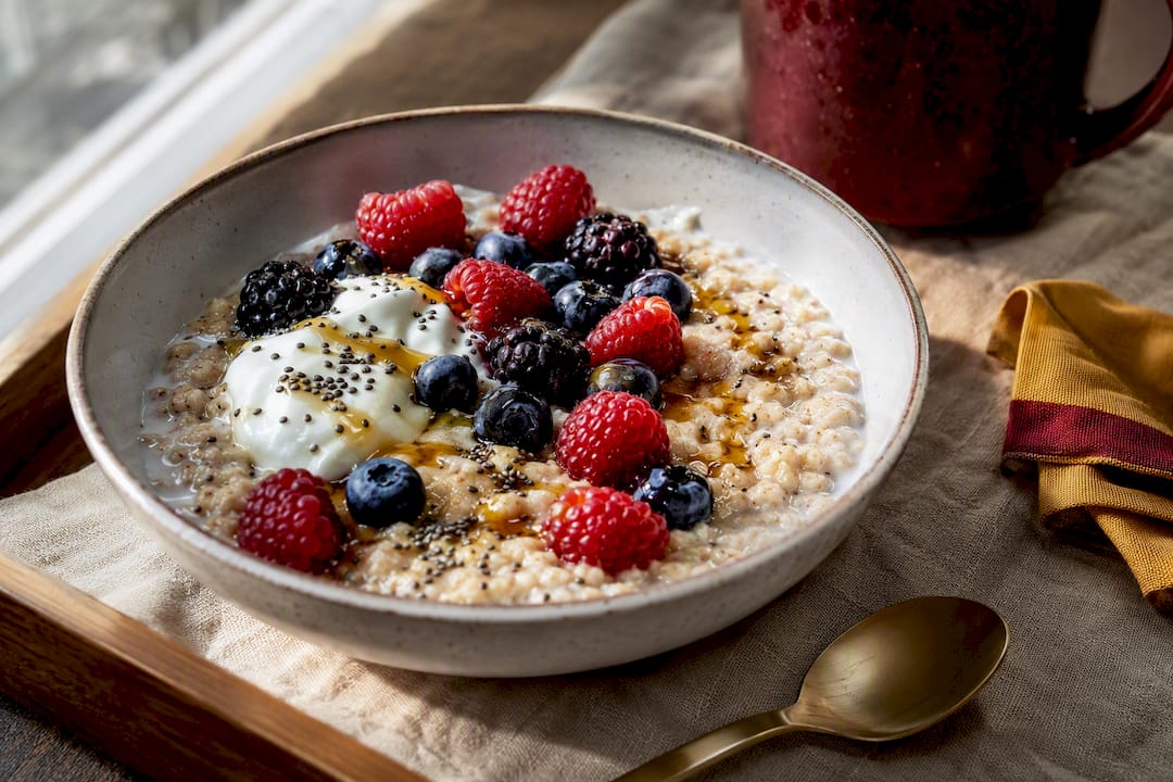 Berry yogurt oatmeal with yacon drizzle