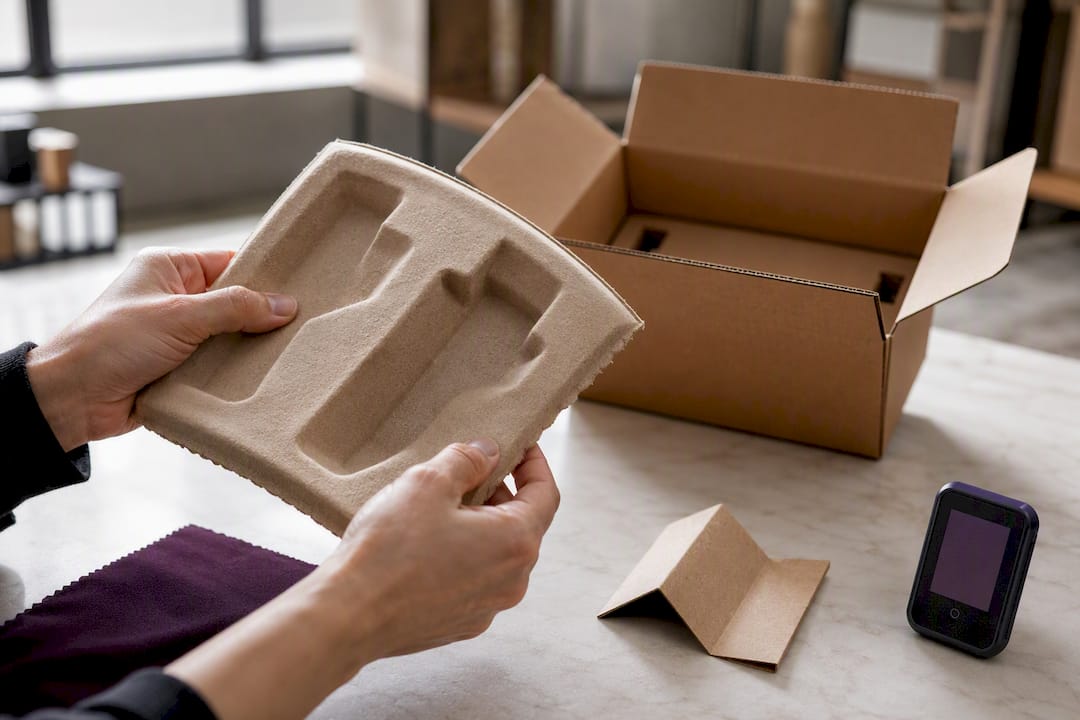 Hands testing a molded pulp packaging insert