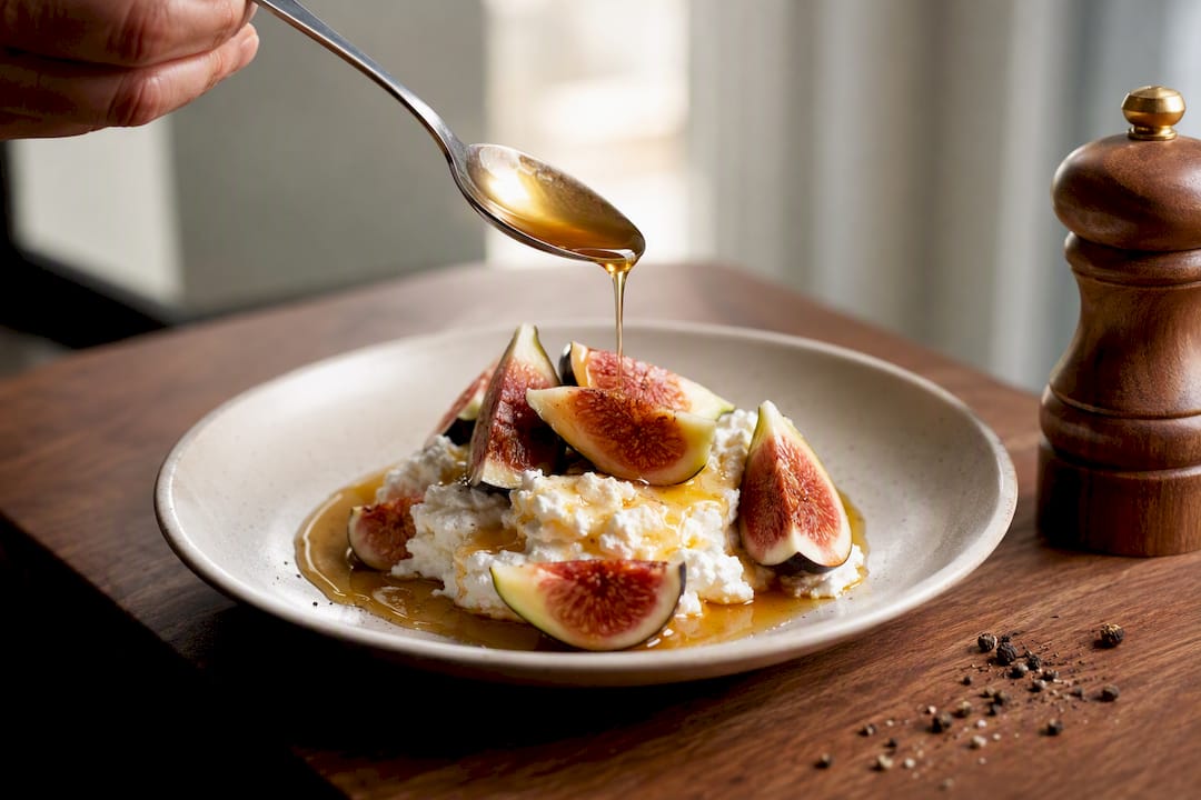 Ricotta figs and syrup with black pepper