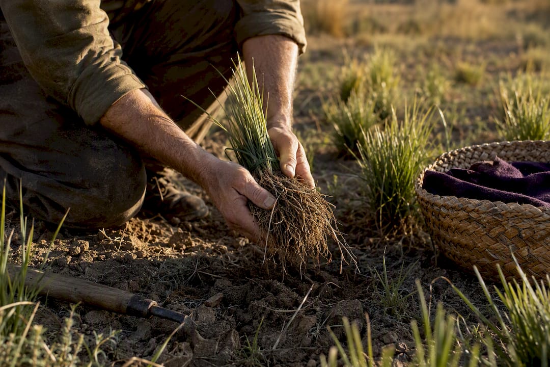 Raíces de vetiver de cultivo sostenible