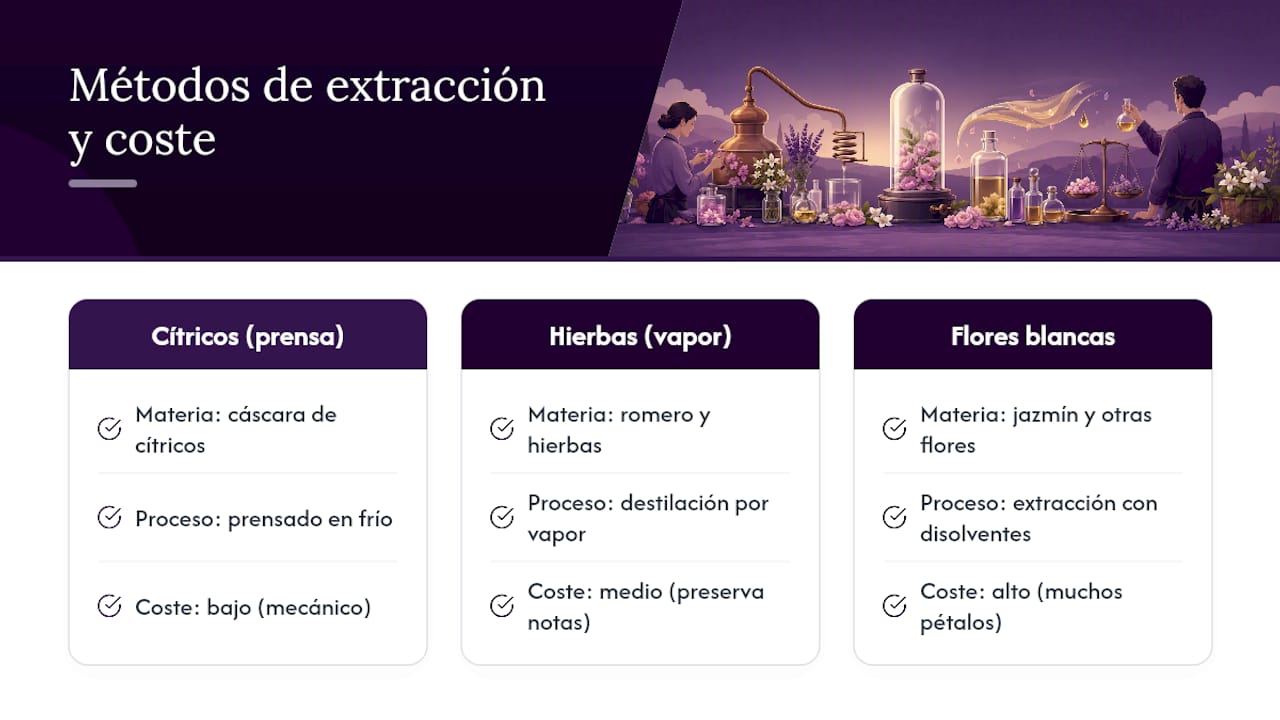 Comparación de técnicas de extracción en perfumería