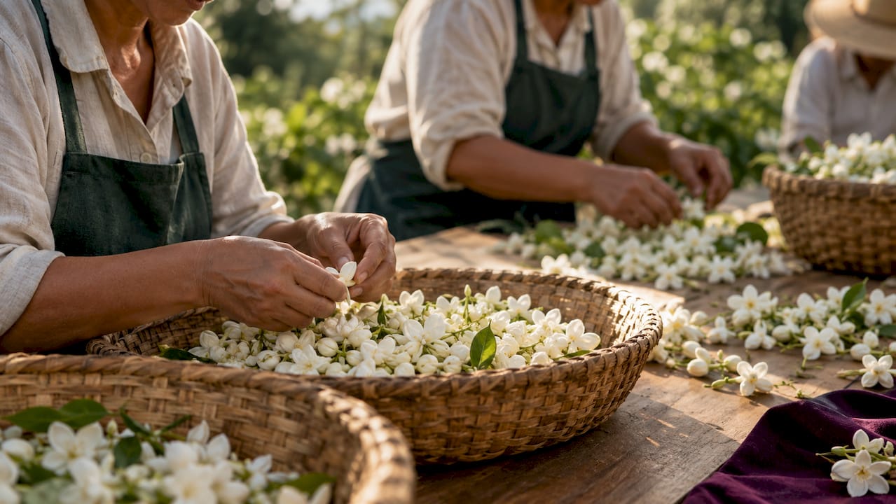 Manos seleccionando flores para la perfumería