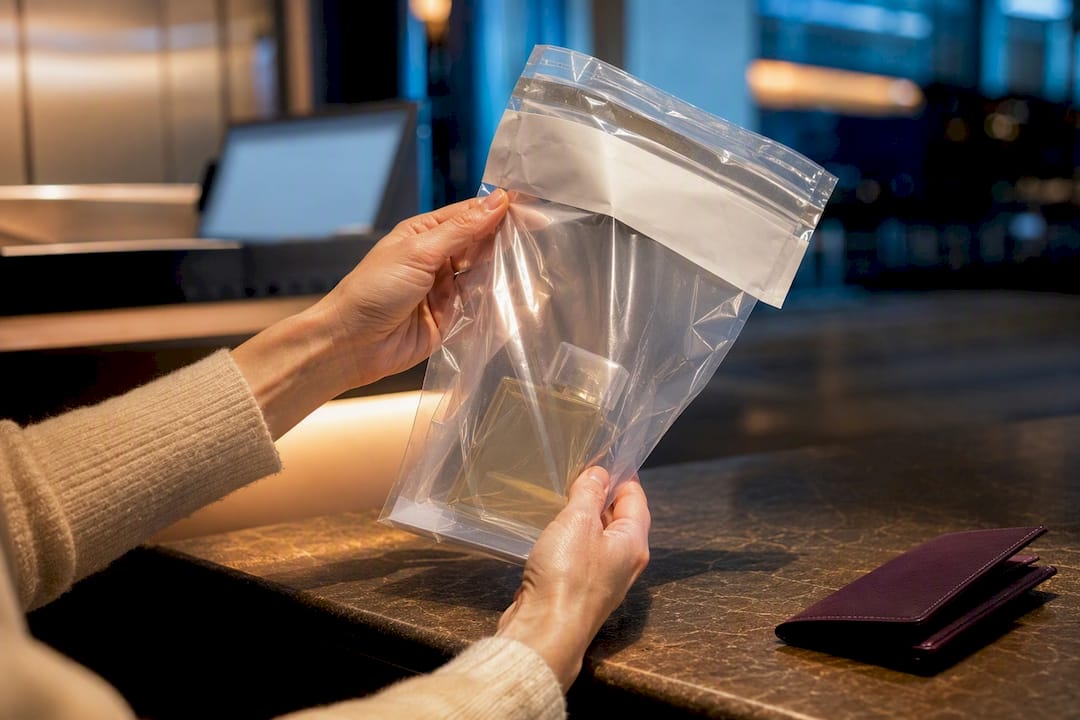Sealed duty-free perfume bag at airport