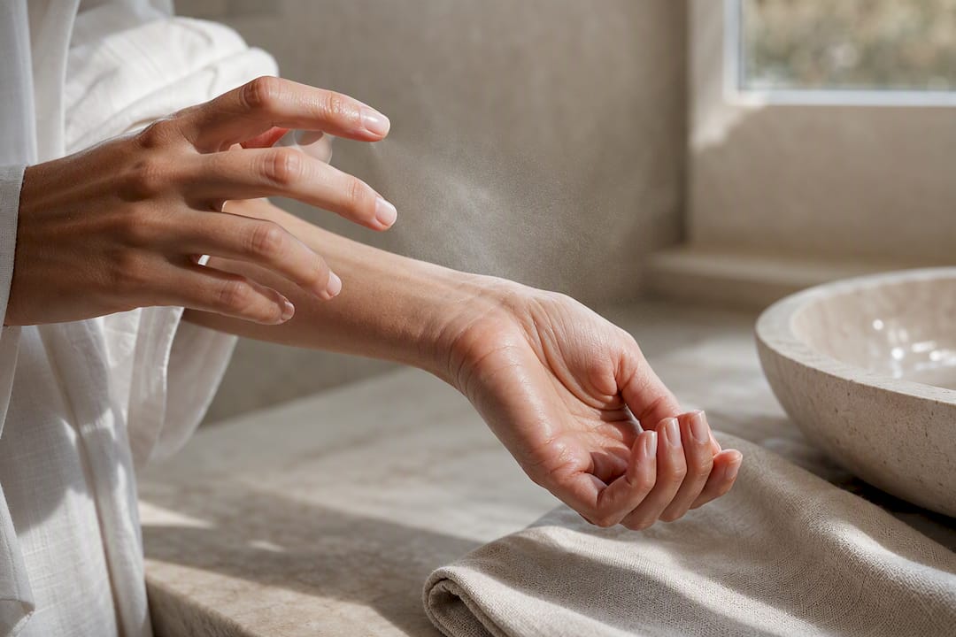 Mains qui appliquent du parfum sans frotter