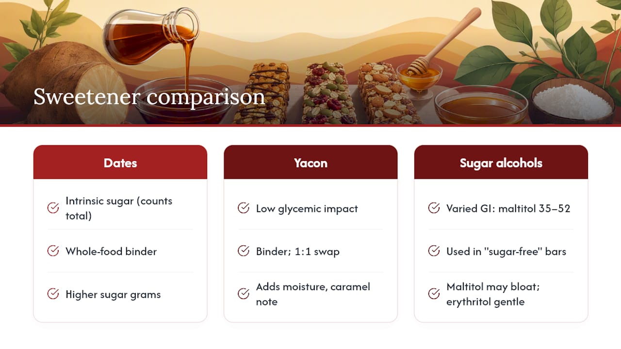 Choosing a Sweetener: Dates, Yacon Syrup, and Sugar Alcohols Compared — overview diagram