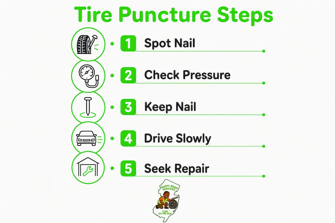 Infographic illustrating steps to take after tire puncture