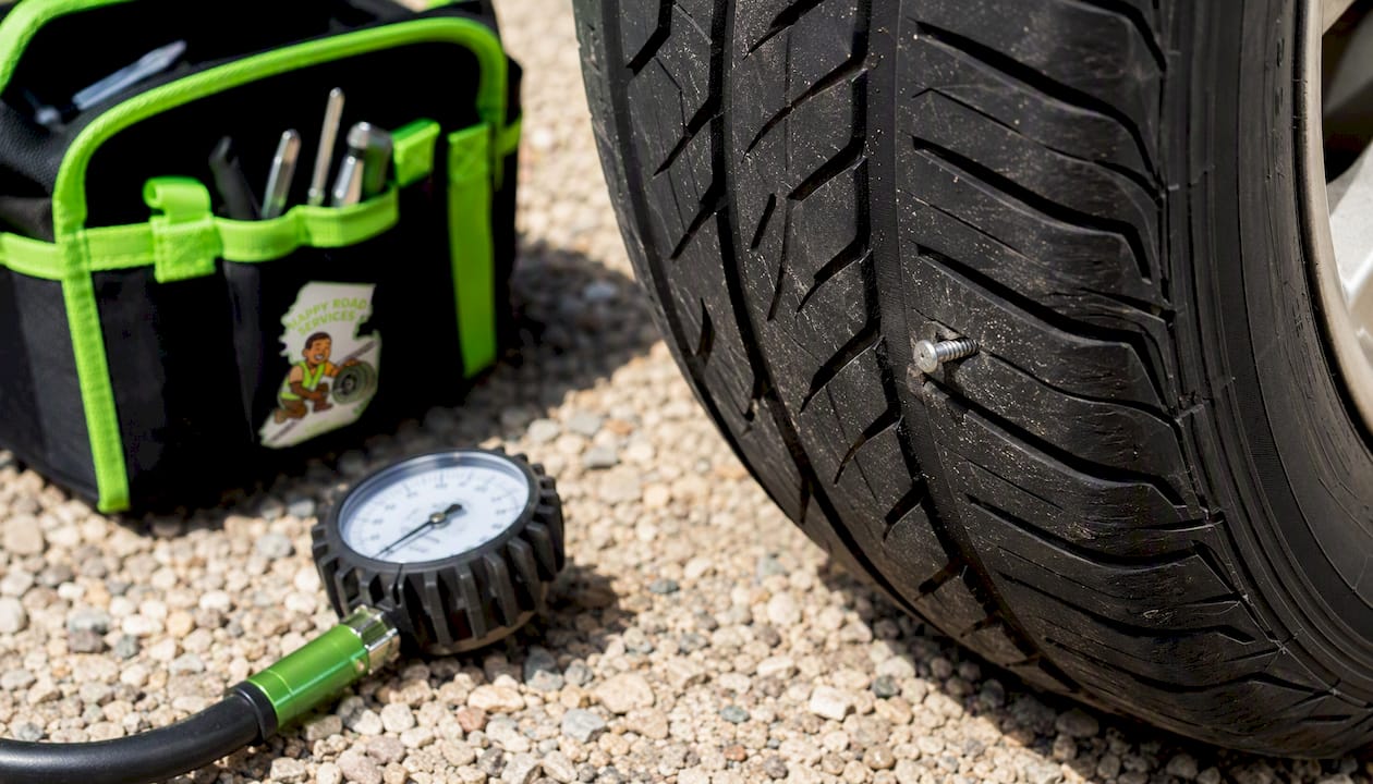 Close-up of nail embedded in tire tread