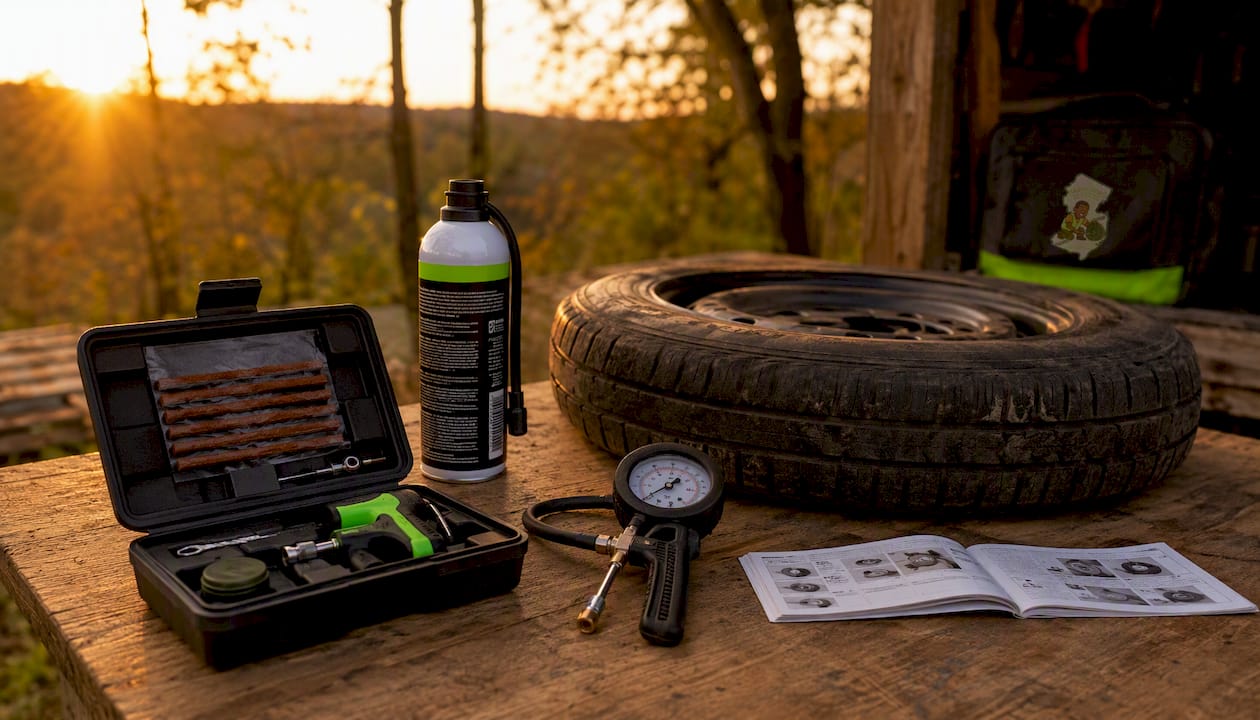 Garage workbench with tire repair tools and spare tire