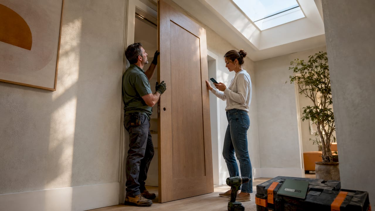 Installer and homeowner fitting oversized door