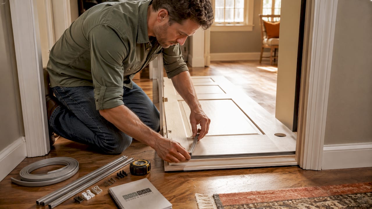 Close-up of hands installing weatherstripping on solid-core door frame