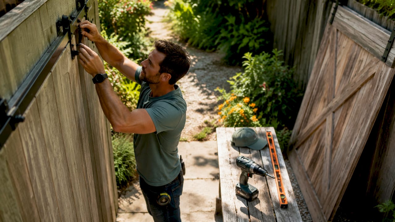 Carpenter installing barn door track indoors