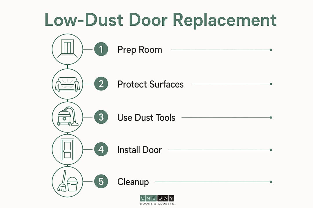 Infographic illustrating step-by-step low-dust door replacement