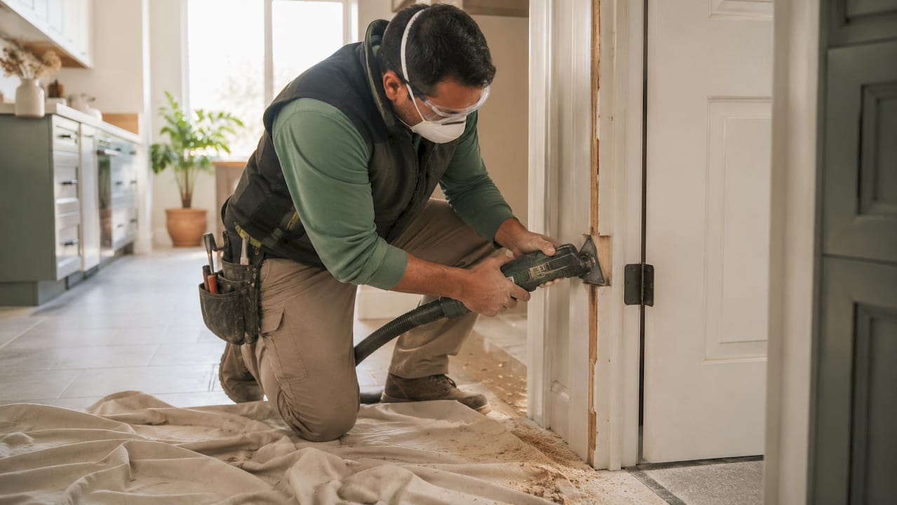 Installer using dust port tool on door frame trim
