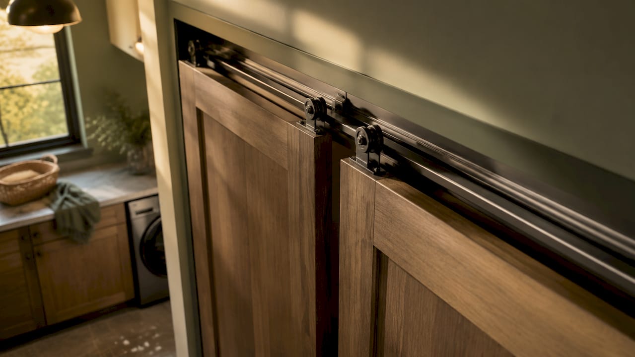 Close-up of bypass door track and rollers