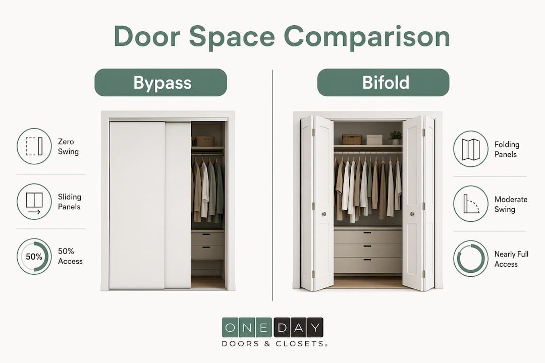 Comparison infographic of bypass and bifold door space saving