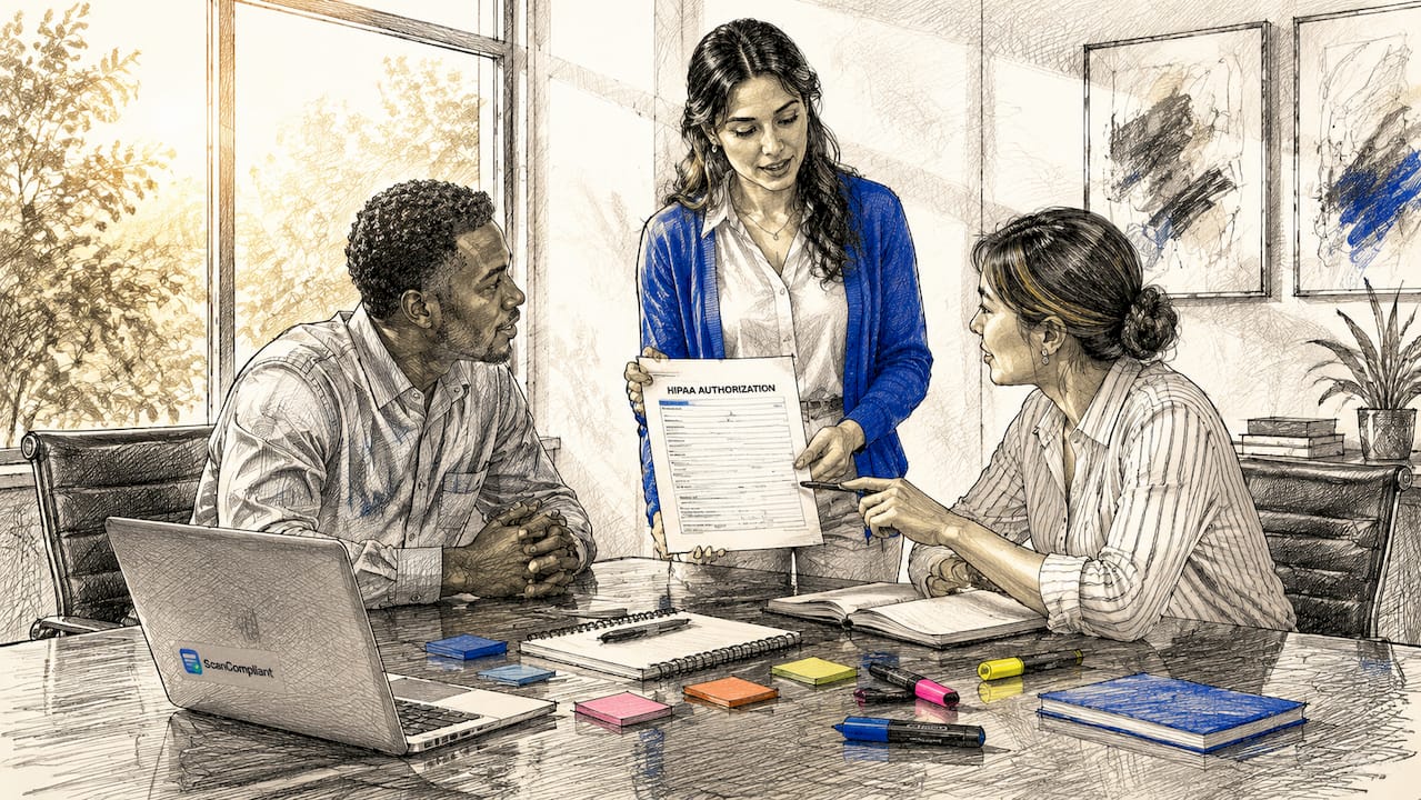 Hands interacting with HIPAA authorization form