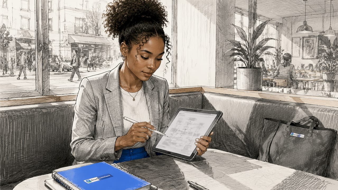 Hands interacting with compliance review automation tablet