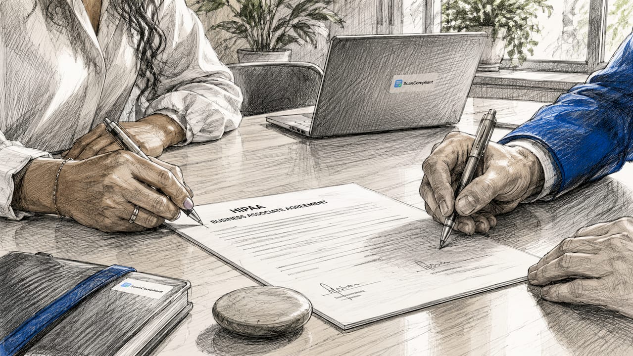 Close-up of hands signing HIPAA agreement
