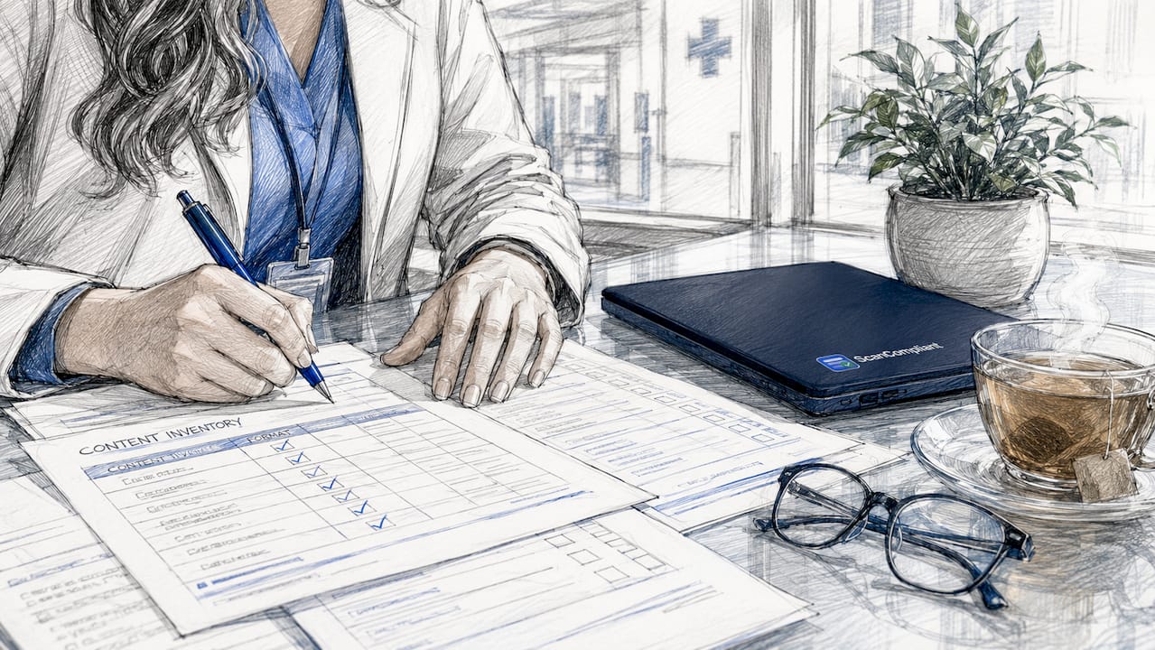 Hands checking healthcare content inventory sheets