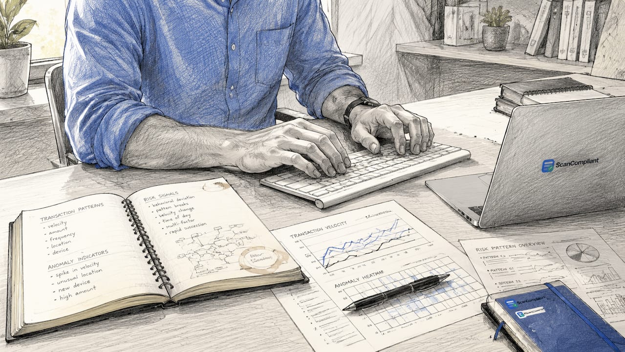 Hands typing next to printed risk documents