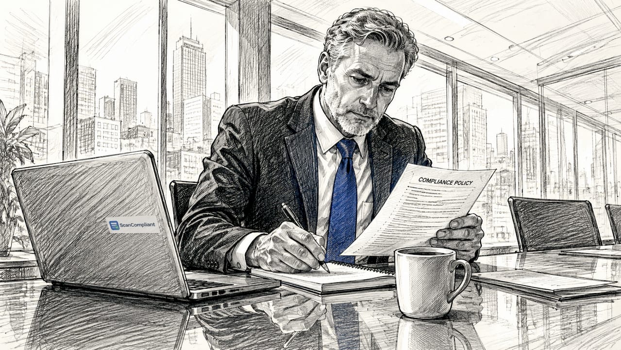 Senior CCO studying compliance policies at desk