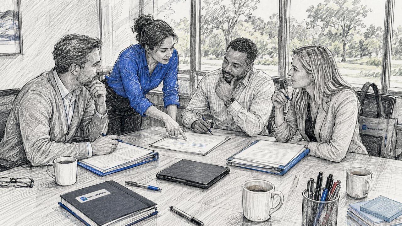 Healthcare team in medical-legal review meeting