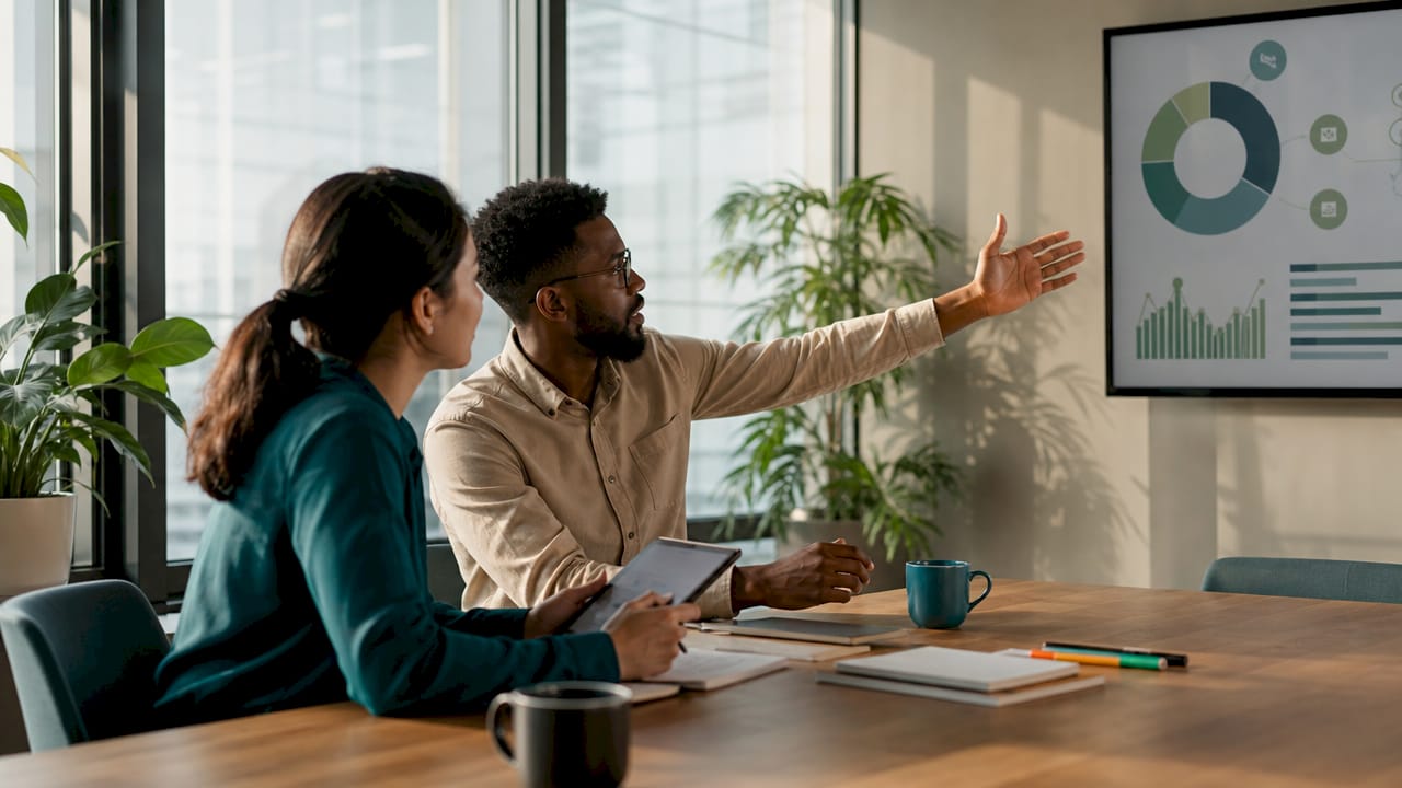 Two professionals discussing ESG benchmarking themes