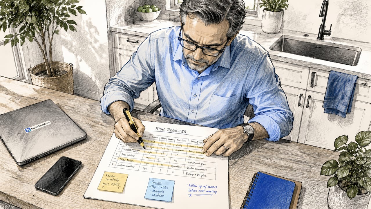 Manager reviewing healthcare risk register in office