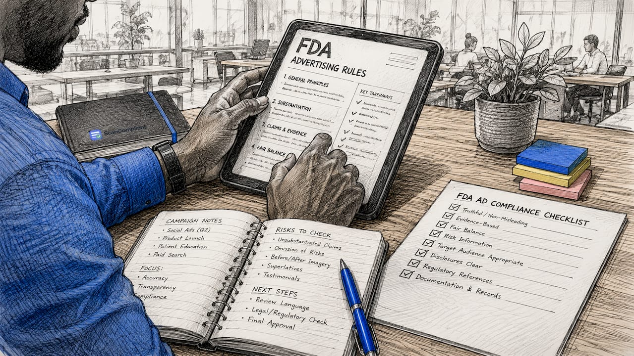 Hands checking FDA advertising rules on smartphone