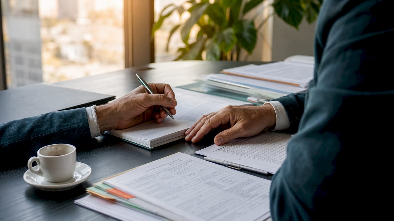 Close-up hands at desk with compliance risk documents