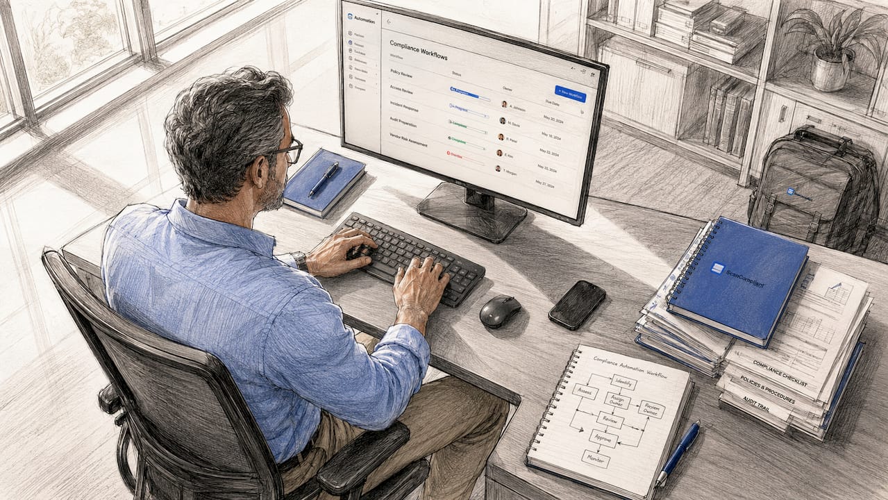 IT professional working on compliance software at desk