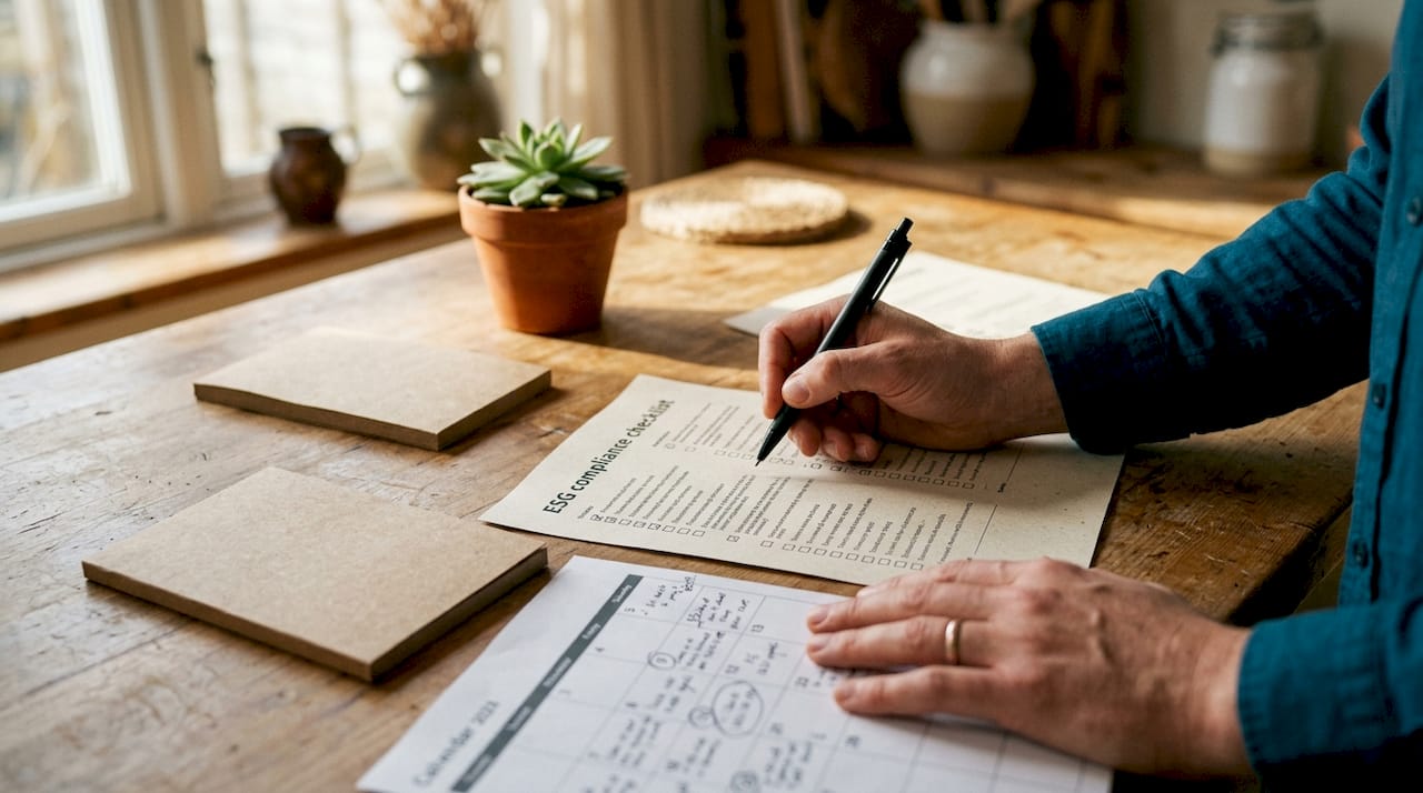 Hands marking sustainability deadline checklist on desk