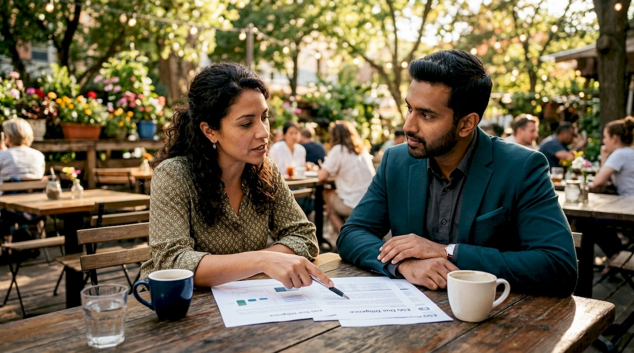 Two professionals reviewing ESG due diligence documents