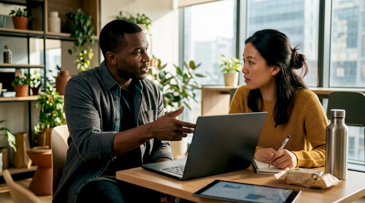 Two ESG professionals discussing data in meeting
