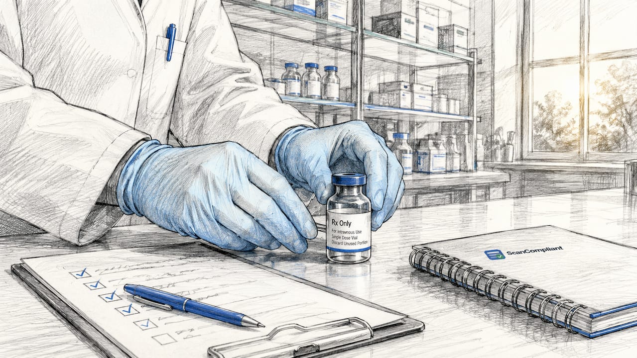 Hands handling medication vial in pharmaceutical setting
