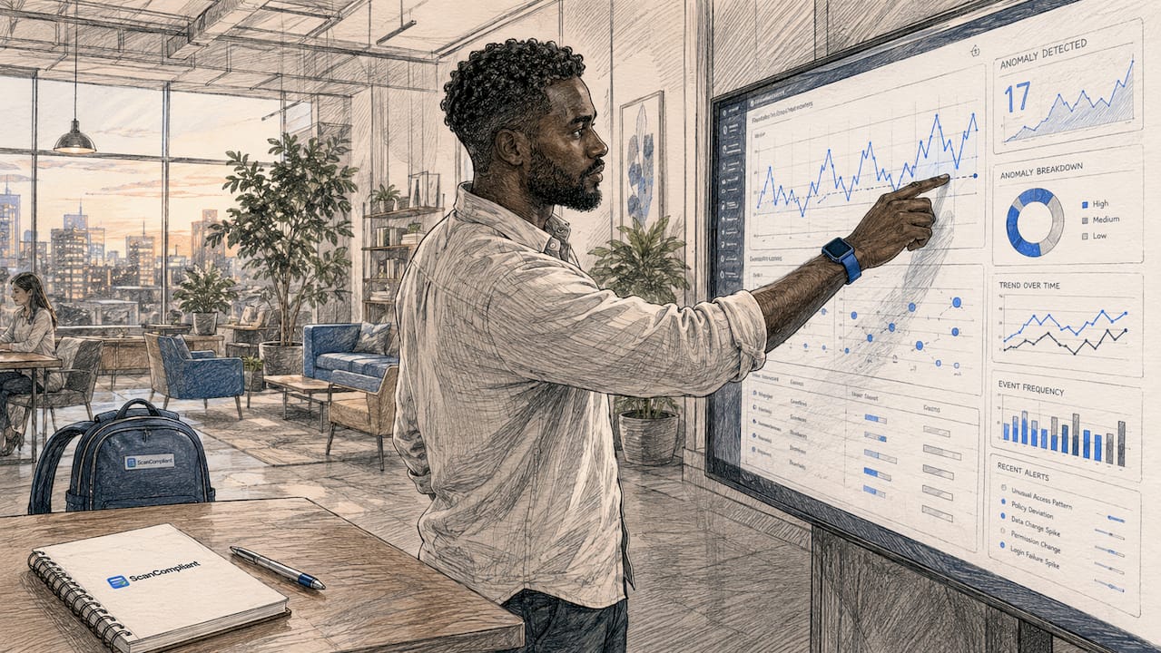 Hands touching AI compliance analytics touchscreen