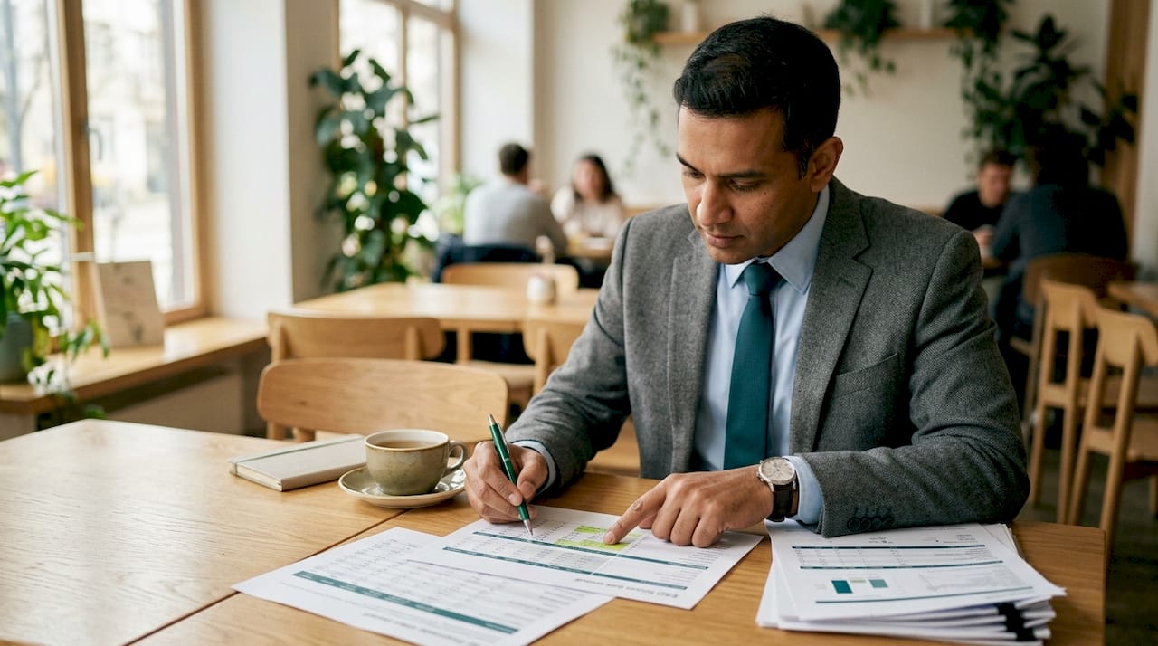 Hands reviewing ESG data sheets with pen