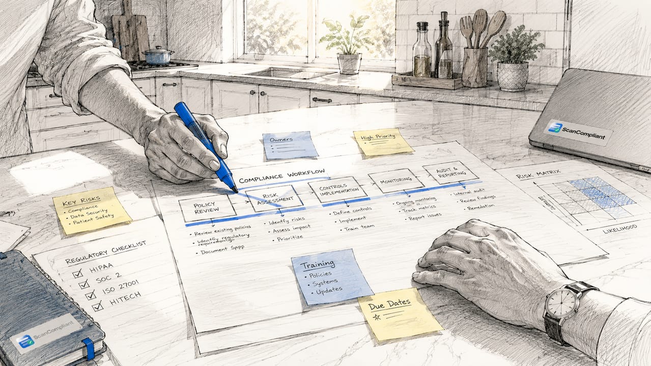 Hands pointing at compliance workflow document