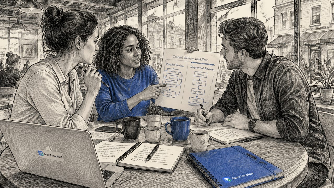 Healthcare marketing team discussing content workflow