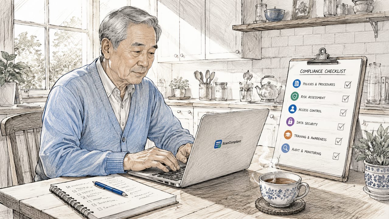 Hands typing with printed compliance checklist on desk