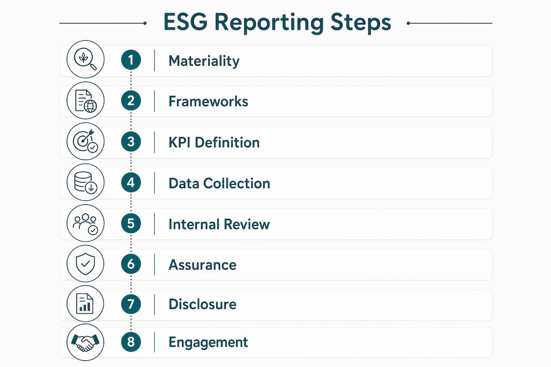 Infographic showing eight ESG reporting workflow steps