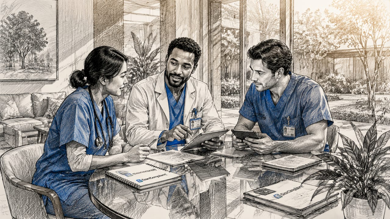 Healthcare team planning compliance handoff