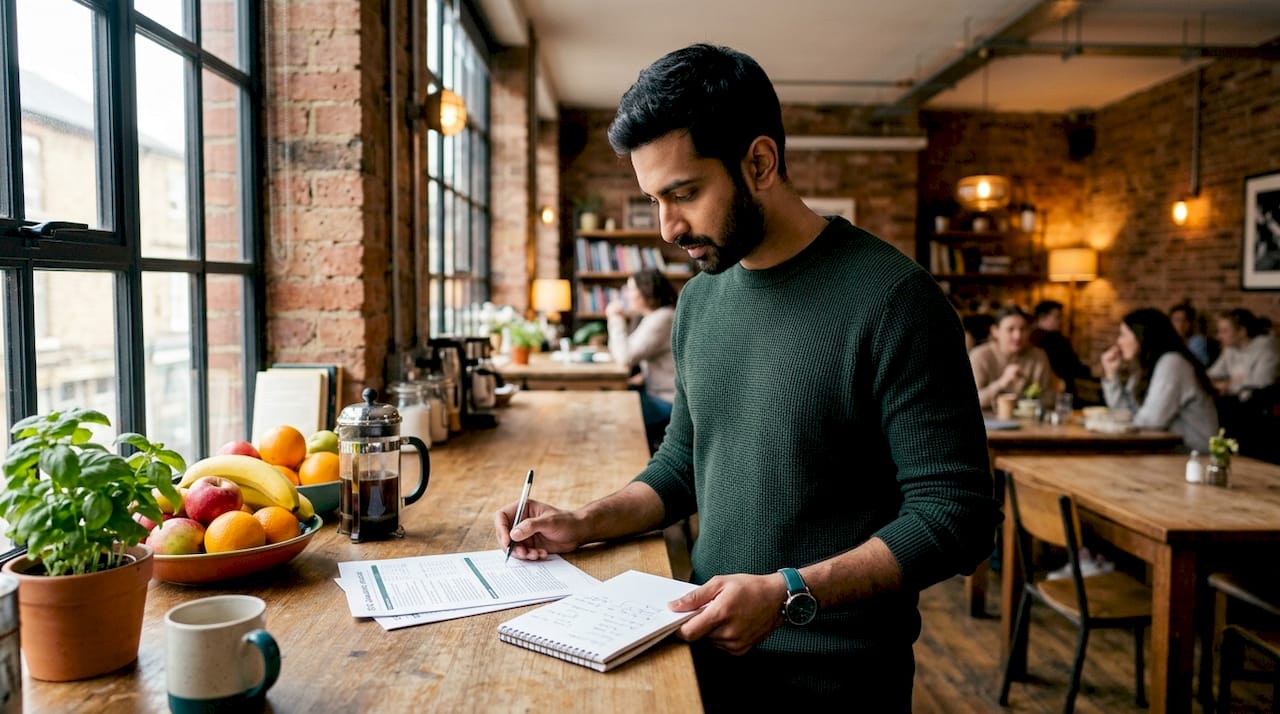 Hands reviewing ESG checklist on paper in coworking space