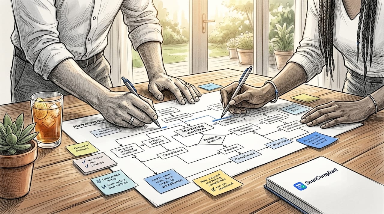 Hands collaborating on marketing compliance workflow map