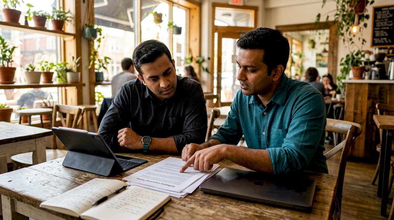 Two colleagues reviewing ESG software licensing agreement