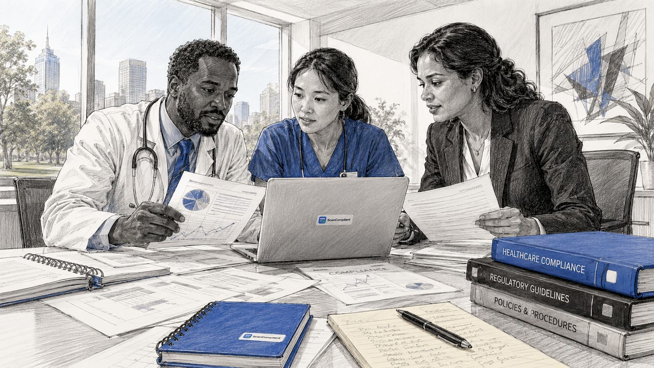 Healthcare team discussing compliance roles