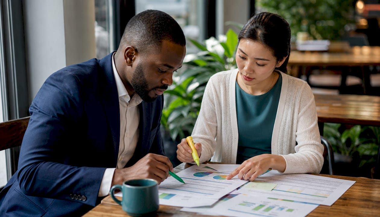 Two colleagues collaborating on ESG risk management documents